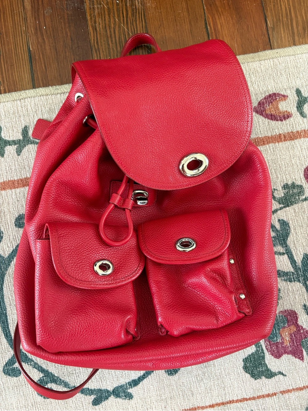 Coach Red Leather Drawstring Backpack with Front Pockets - Picture 1 of 3